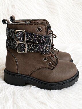 Blue Girls' Brown Glitter Strap Zip Lace Durable Boots SZ 8